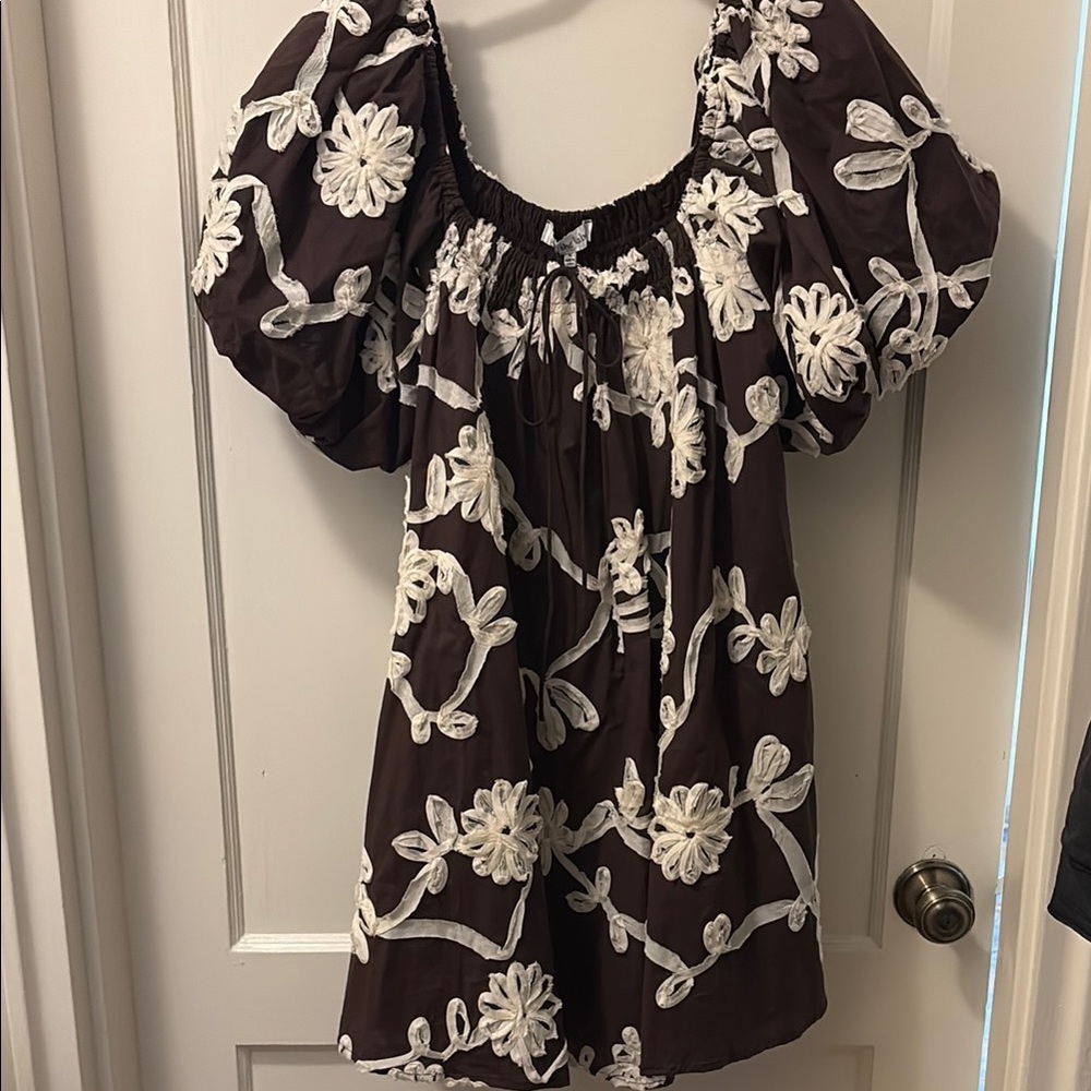 Floral Embroidered Brown and White Women's dress